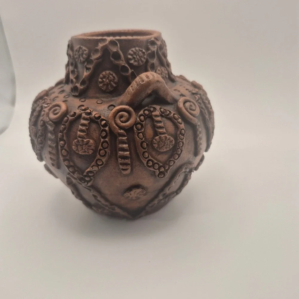Handmade in Greece Terracotta Pottery Vase Ornate Brown Rustic Decor 4.5in